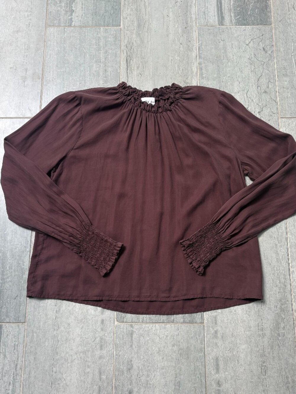 Bella Dahl Ruffle Neck Elastic Shirred Long Sleeve Blouse Top Brown Size Medium